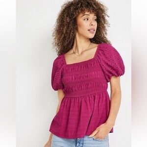 MAURICES Eyelet Puff Sleeve baby doll Blouse red wine smocked body boho women M